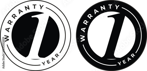 One Year Warranty Label Icon Set, Black and White Vector Graphic