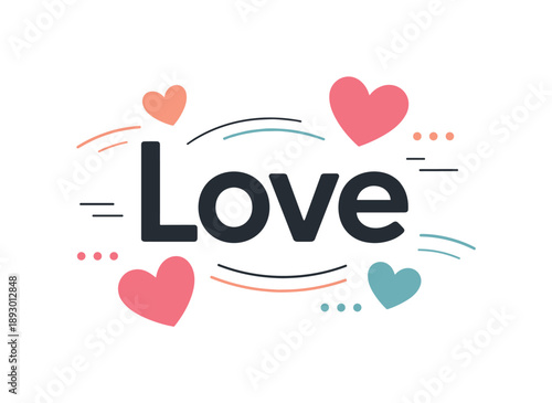 Modern Love Card. Modern Valentine?s card. Bold clean ?Love? typography with floating hearts and abstract decorative lines. Minimal geometric layout ideal for