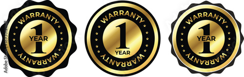 Collection of Gold and Black '1 Year Warranty' Badges Vector Illustration