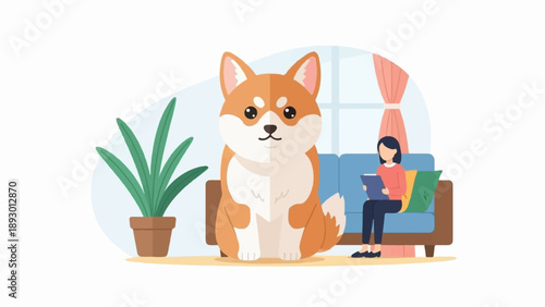A fluffy dog sits patiently next to a woman reading on a sofa