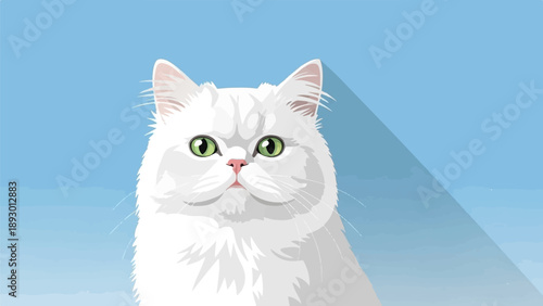 A fluffy white cat with bright green eyes stares forward against a blue background