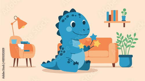 A friendly blue cartoon dinosaur sits in a cozy room holding star wands