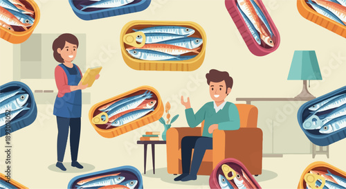 A friendly conversation about canned fish in a cozy living room