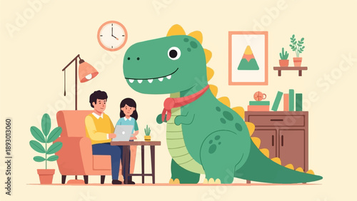 A friendly dinosaur joins a family working on a laptop at home
