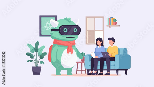 A friendly creature in VR glasses observes people working on laptops