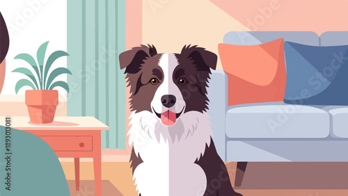 A friendly dog with brown and white fur sits indoors by a sofa