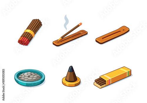 Isometric Incense Icons. Incense Sticks. Isometric flat vector icons set of Incense Sticks: incense stick bundle, single burning incense stick, incense holder