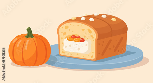 A halved loaf of bread with a creamy center and fruit topping sits on a plate next to a pumpkin