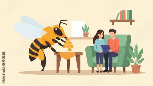 A giant bee offers honeycomb to a couple using a laptop on a couch