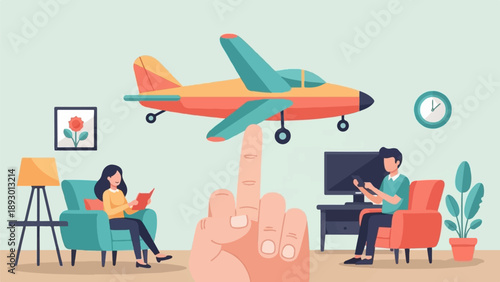 A hand balances a toy plane while two people relax indoors