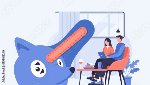A giant blue creature with an orange stripe looks at a couple working on a laptop
