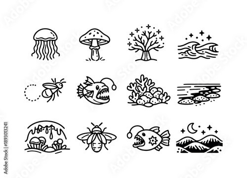 Bioluminescent Icons Grid. Bioluminescent Landscapes and Creatures. Line icon set of Bioluminescent Landscapes and Creatures: glowing jellyfish, bioluminescent