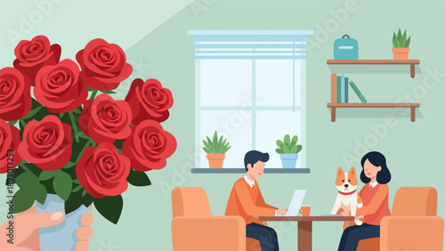 A hand holds a bouquet of red roses in a room with people and a dog