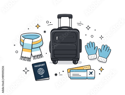 Winter Travel Essentials. Travel winter essentials. Winter travel objects arranged neatly, including suitcase, scarf, gloves, passport, and tickets, creating a