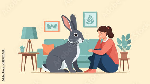 A girl and a large rabbit sit together indoors on a neutral background