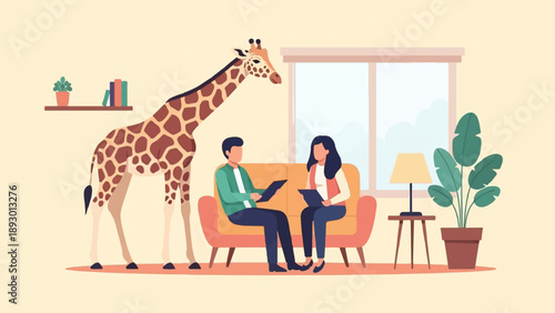 A giraffe stands in a room with two people sitting on a sofa