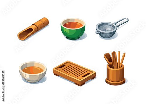 Isometric Tea Icons. Tea Accessories. Isometric flat vector icons set of Tea Accessories: bamboo tea scoop, ceramic tea cup, tea strainer tool, tasting bowl,