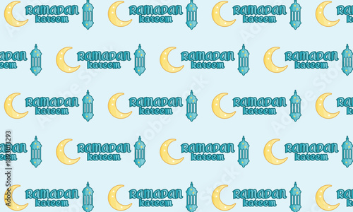 Ramadan Kareem Seamless Pattern with Crescent Moon, Lantern and Calligraphy