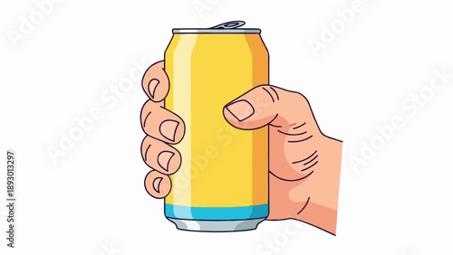 A hand holds a yellow beverage can with a blue bottom
