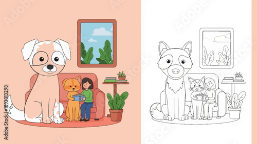 A girl and her pets enjoy leisure time indoors, surrounded by home comforts