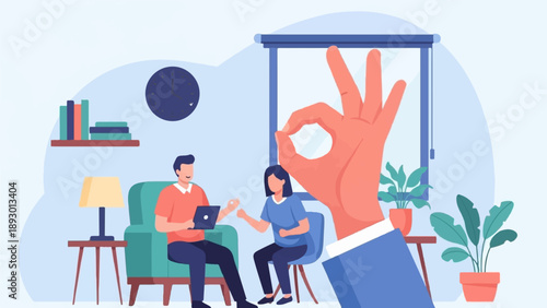 A hand makes an okay sign over people working on laptops in a cozy room