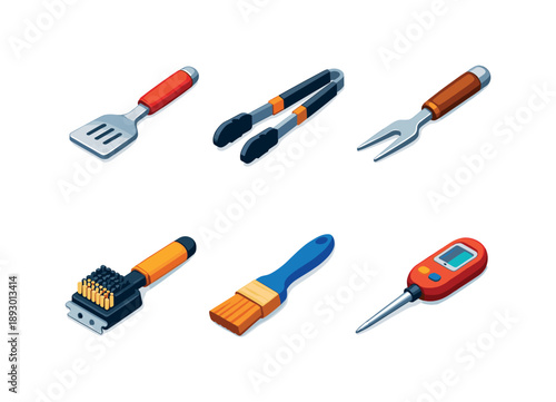 Colorful BBQ Tools Icons. BBQ tools. Isometric flat vector icons set of BBQ tools: grill spatula, barbecue tongs, meat fork, grill brush, sauce basting brush,