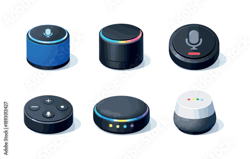 Isometric Smart Speaker Icons. Smart speaker. Isometric flat vector icons set of smart speaker: bluetooth speaker with voice assistant, speaker with led