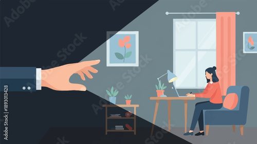 A hand's spotlight illuminates a woman working on her laptop in a cozy room