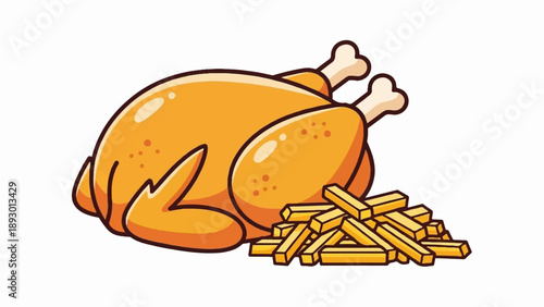 A golden roasted chicken with a side of crispy fries