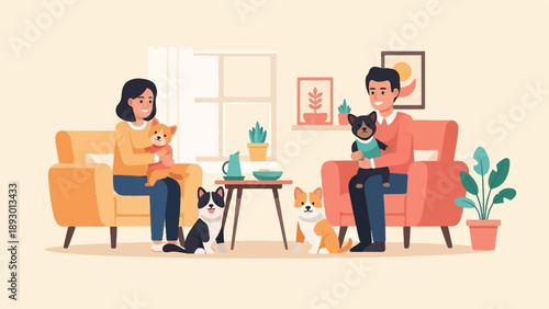 A happy couple relaxes at home with their adorable dogs and indoor plants