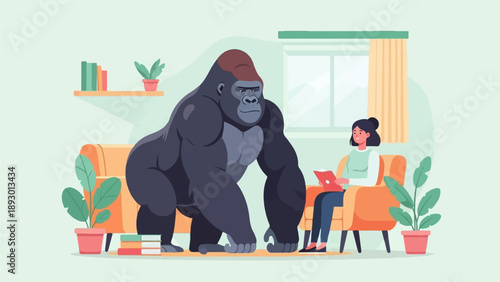 A large gorilla stands in a living room with a woman reading on a couch