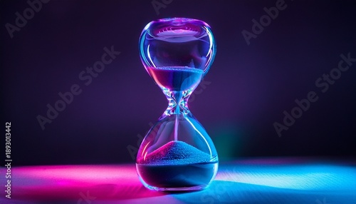 Hourglass With Sand Flowing Illuminated By Vibrant Purple And Blue Neon Light Against A Dark Background