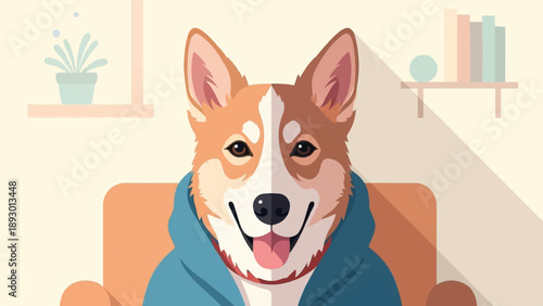 A happy corgi dog wearing a blue hoodie sits comfortably on an armchair