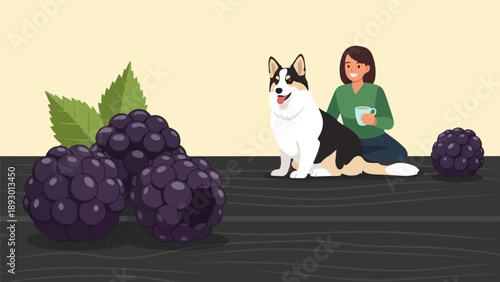A happy dog, a woman with a drink, and ripe blackberries