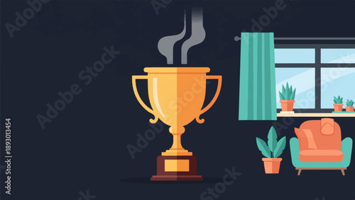 A golden trophy sits proudly in a cozy room with plants and armchair