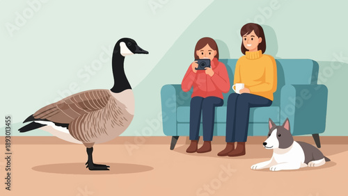 A goose stands on a floor with people and a dog on a couch