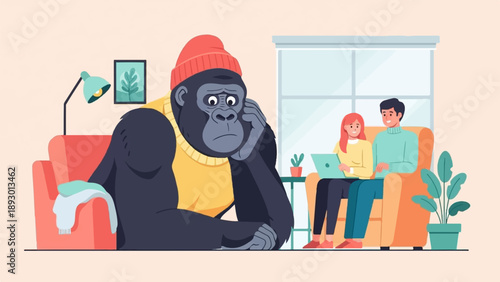 A gorilla sits alone on a sofa, while a couple uses a laptop