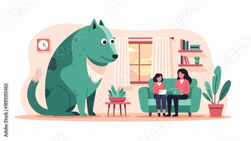 A large green dog observes two people working on a laptop and paper