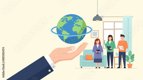 A large hand holds a globe above its palm, as three people stand by