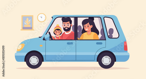 A happy family of three travels together in a blue car