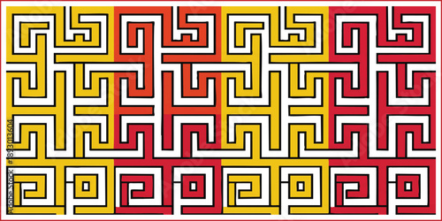 Seamless traditional Chinese geometric lattice pattern. Red and yellow meander background.