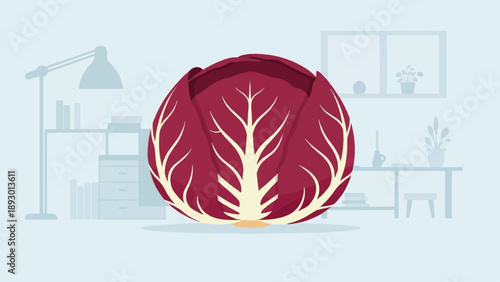 A large radicchio sits in a minimalist room with furniture and plants