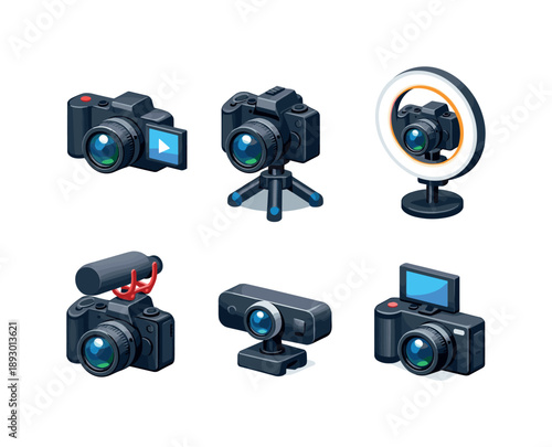 Isometric Camera Icons. Content creation. Isometric flat vector icons set of content creation: vlogging camera, camera on desktop tripod, camera with ring