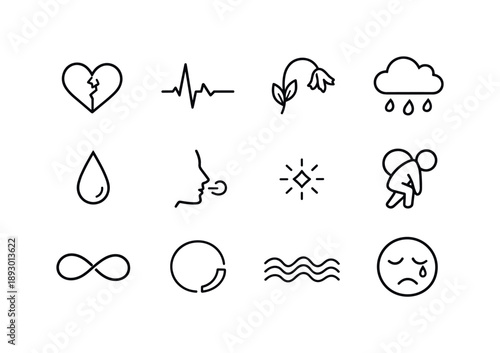 Inner Sadness Icons. Inner sadness symbols. Line icon set of Inner sadness symbols: cracked heart line, fading pulse, drooping flower, heavy cloud, solitary