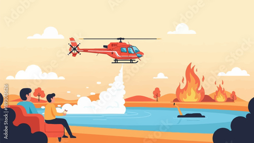 A helicopter douses flames near a lake while two people watch