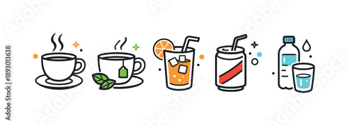 Minimalist Drink Icons. Drink icons. Icons representing coffee, tea, juice, soda, and water, designed as a cohesive beverage set. Friendly, inviting mood with