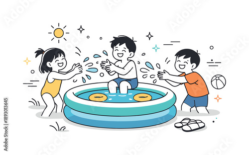 Joyful Summer Splash. Summer outdoor fun. Kids splashing water at each other near a small inflatable pool, laughing together. Joyful summer play, sunlight, and