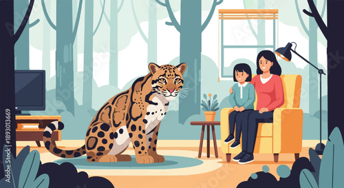 A large spotted feline sits patiently in a cozy living room with a woman and child