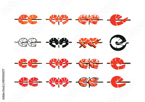 Shrimp Skewer Icons. Shrimp skewers. Icon set. Set Logo of shrimp skewers: grilled shrimp curl. harmonious logo variations of the same emblematic concept, each