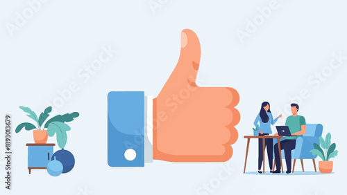 A large thumbs-up icon stands next to two people working on a laptop